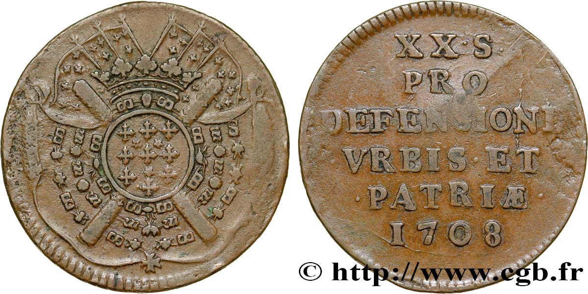 FLANDRE - SIÈGE DE LILLE Vingt sols, monnaie obsidionale 1708 Lille VF