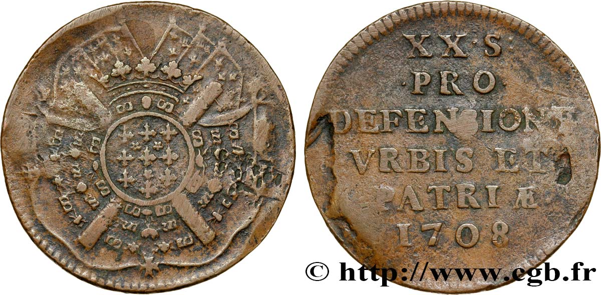 FLANDRE - SIÈGE DE LILLE Vingt sols, monnaie obsidionale 1708 Lille MB