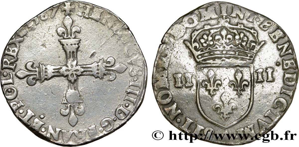 HENRY III Quart d écu, croix de face 1587 Paris q.BB