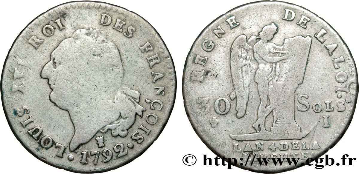 LOUIS XVI 30 sols dit &nbsp;au génie&nbsp;, type FRANÇOIS 1792 Limoges VF