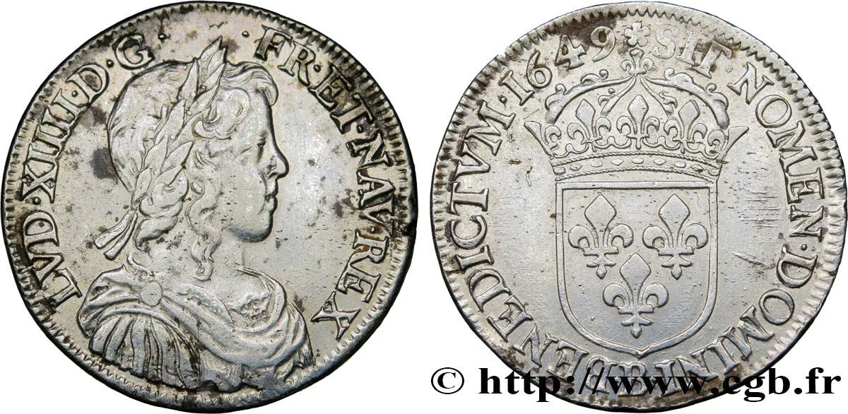 LOUIS XIV &nbsp;THE SUN KING&nbsp; Demi-écu, portrait à la mèche longue 1649 Rouen q.BB