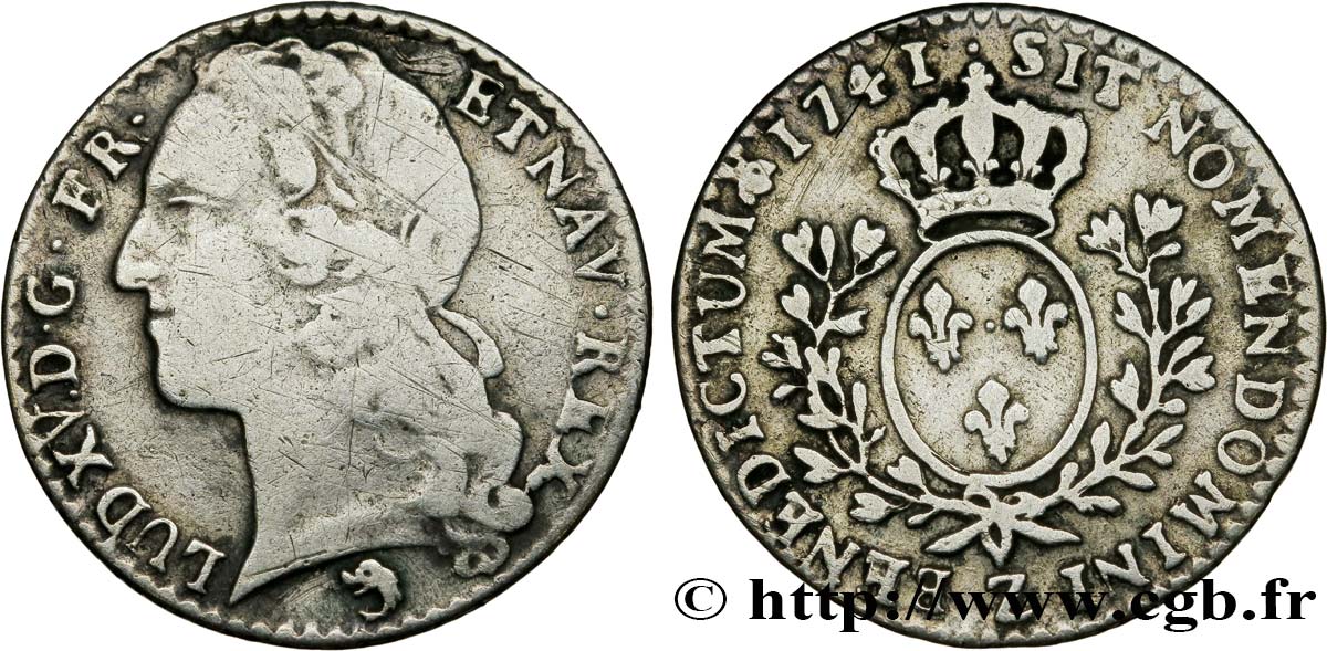 LOUIS XV &nbsp;THE WELL-BELOVED&nbsp; Dixième d&nbsp;écu aux branches d’olivier, tête ceinte d’un bandeau 1741 Grenoble q.BB