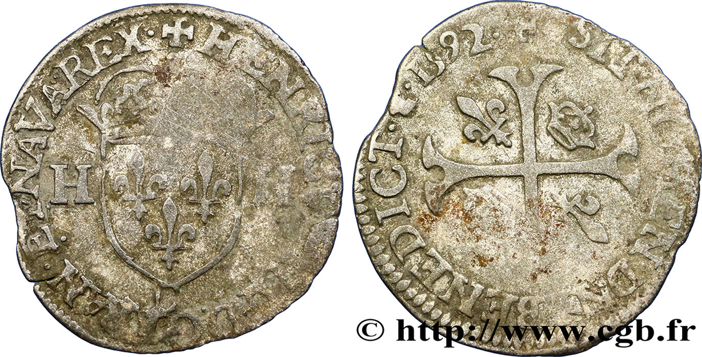 HENRY IV Douzain aux deux H, 2e type 1592 Saint-Lô VF