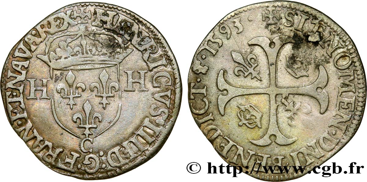 HENRI IV LE GRAND Douzain aux deux H, 2e type 1593 Saint-Lô TTB