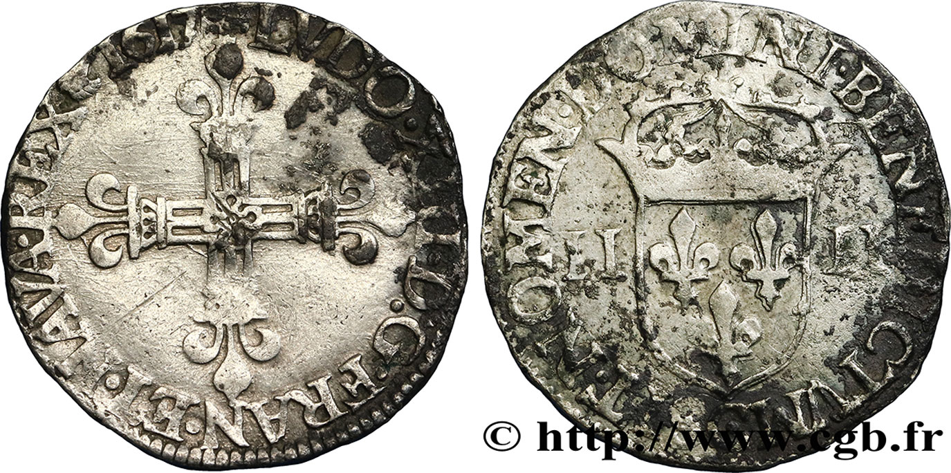 LOUIS XIII LE JUSTE Quart d écu, à la croix fleurdelisée, titulature côté croix 1617 Saint-Lô TTB