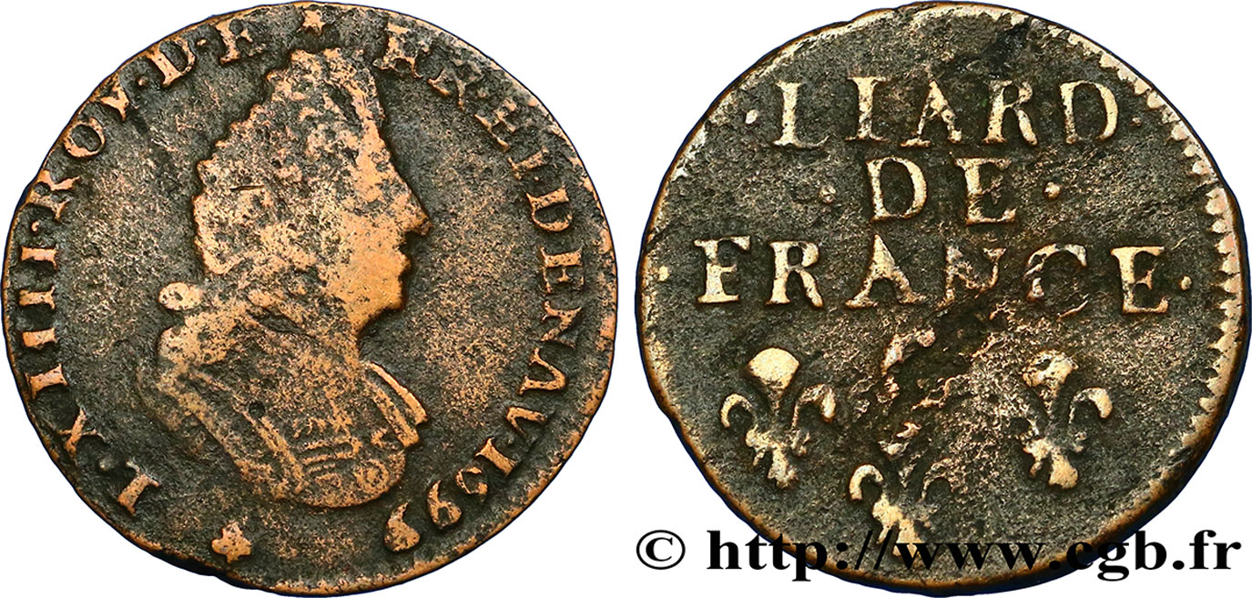 LOUIS XIV  THE SUN KING  Liard, 3e type, buste âgé 1699 Riom BC+/BC