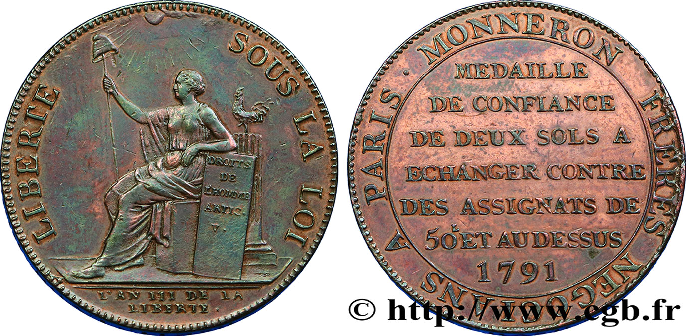 CONFIANCE (MONNAIES DE...) Monneron de 2 sols à la Liberté 1791 Birmingham, Soho TTB