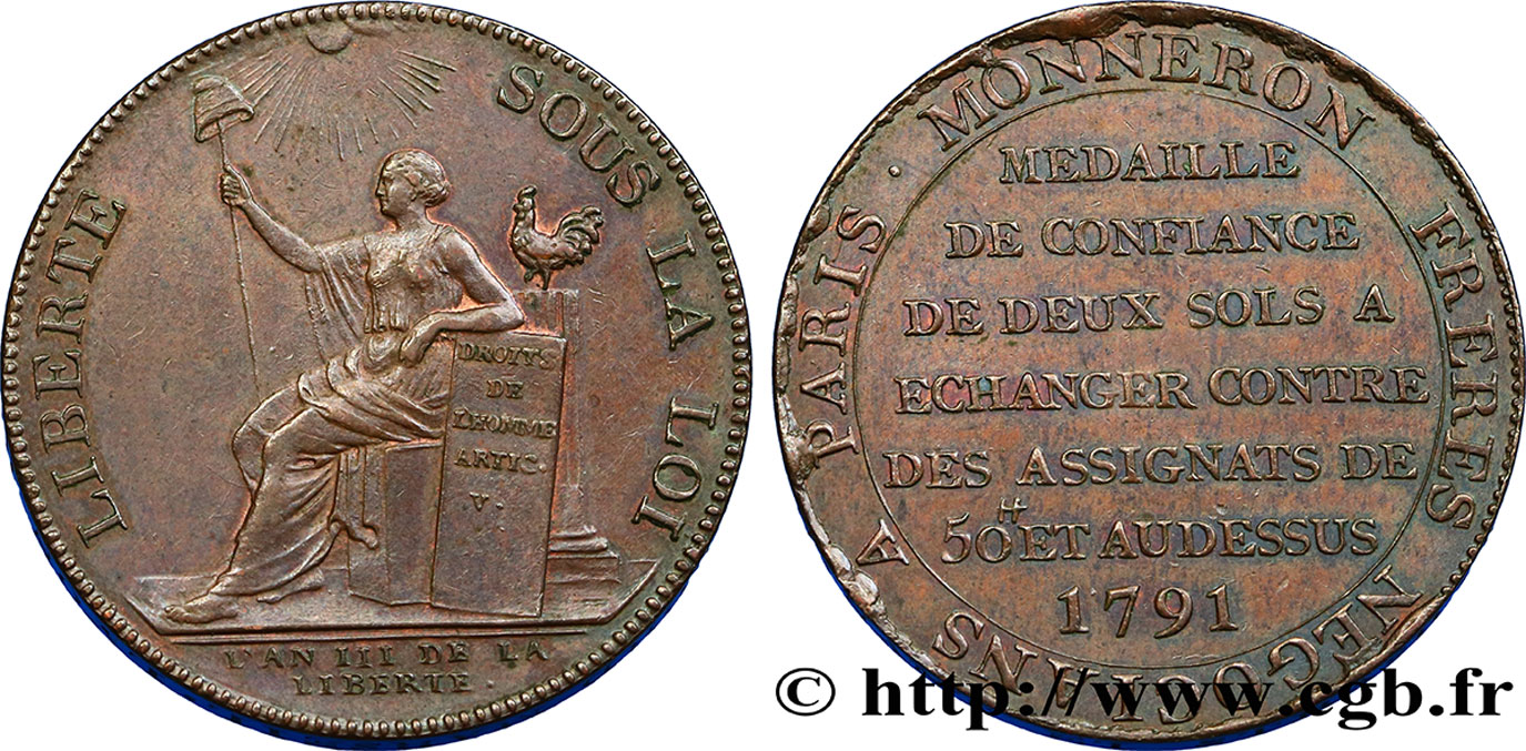 CONFIANCE (MONNAIES DE...) Monneron de 2 sols à la Liberté 1791 Birmingham, Soho TTB