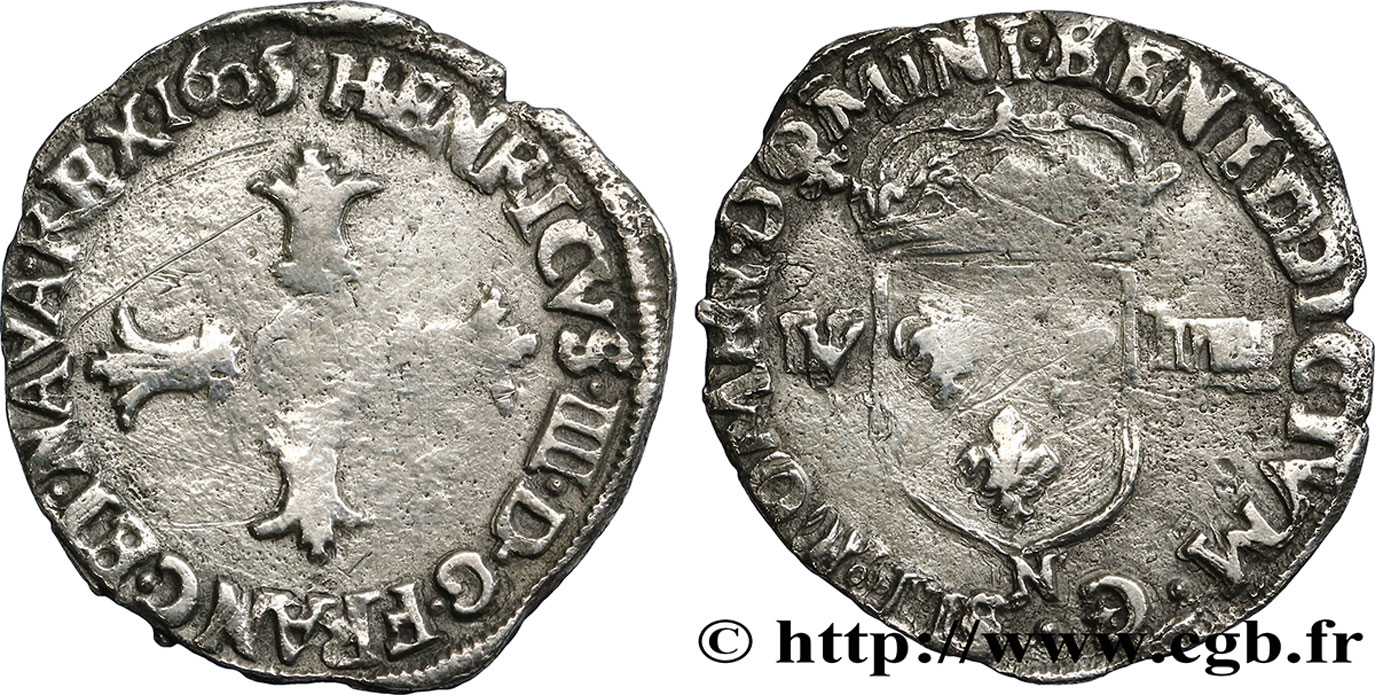 HENRI IV LE GRAND Huitième d écu, croix feuillue de face 1605 Montpellier TB