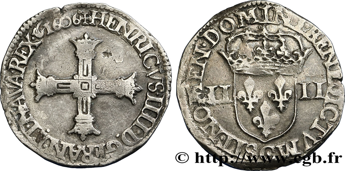 HENRY IV Quart d écu, croix batonnée et couronnée de face 1606 Saint-Lô MBC