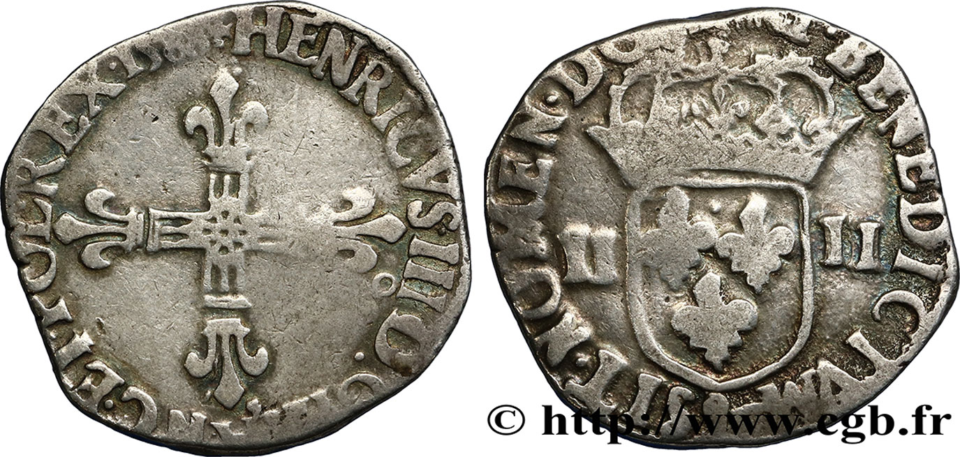 HENRI III Quart d écu, croix de face 1588 Rennes TB