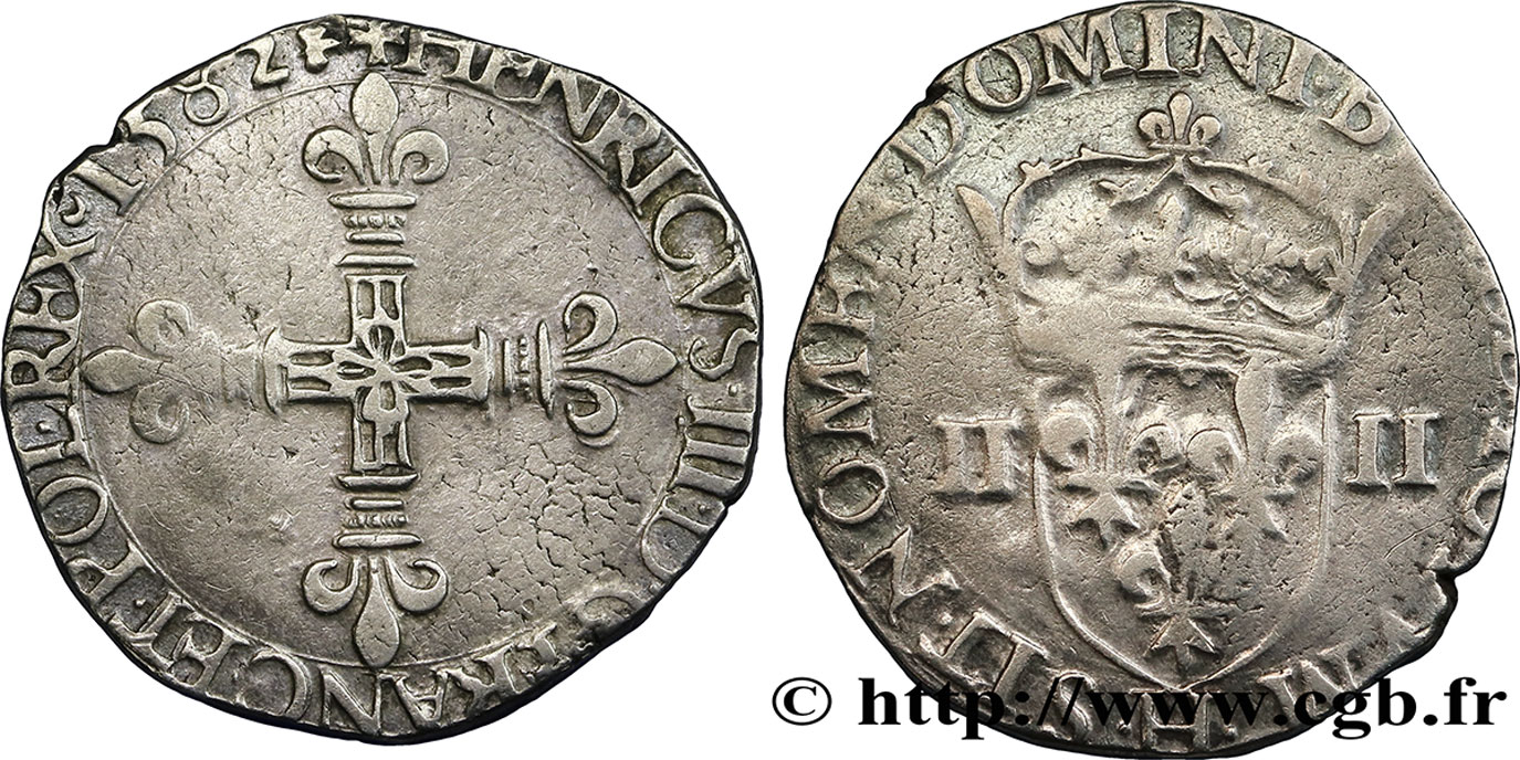 HENRI III Quart d écu, croix de face 1582 La Rochelle TTB/TB+