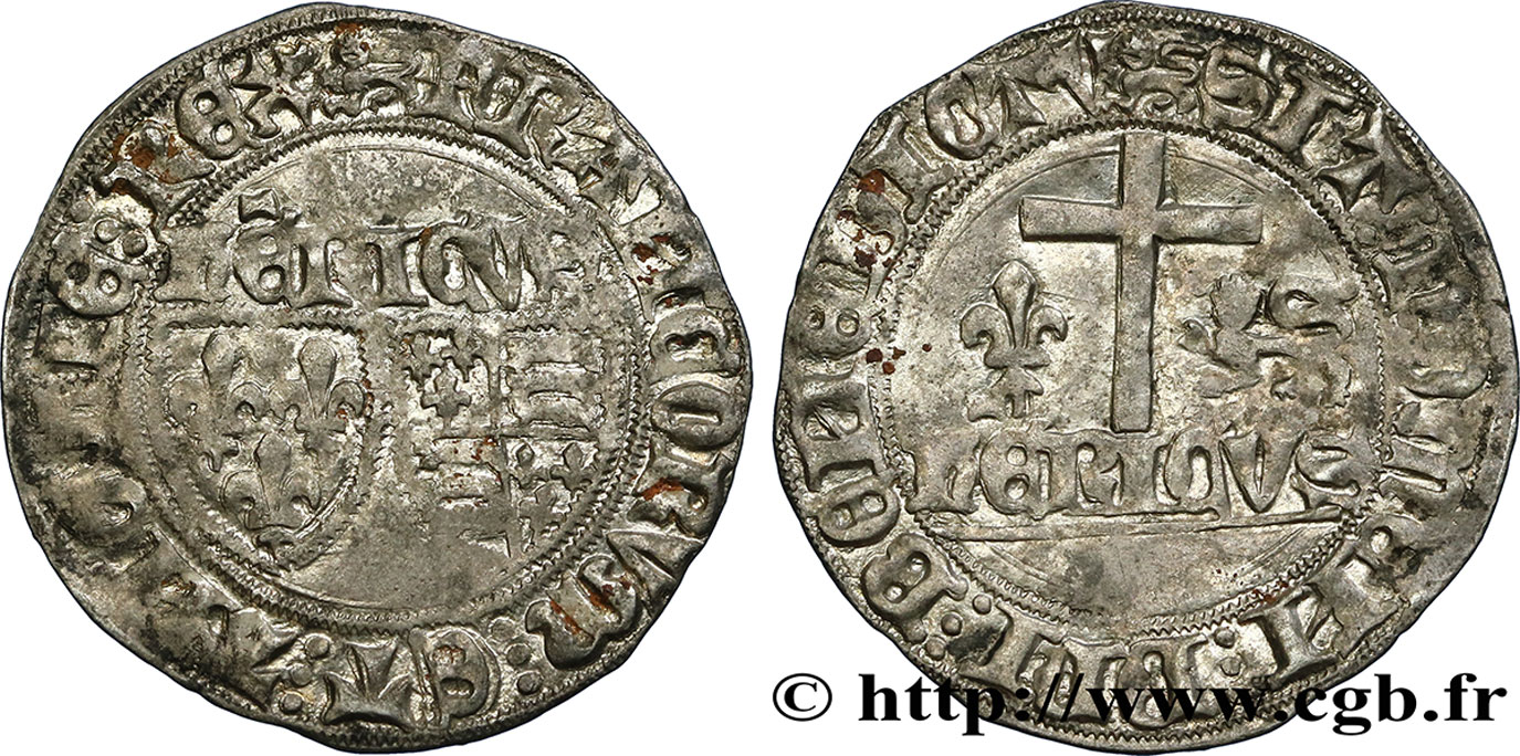 HENRY VI DE LANCASTRE - ROI DE FRANCE (1422-1453) - ROI D ANGLETERRE (1422-1461) et (1470-1471) Blanc aux écus n.d. Rouen TTB