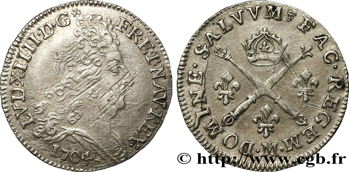 LOUIS XIV  THE SUN KING  10 sols aux insignes 1704 Toulouse VF/XF