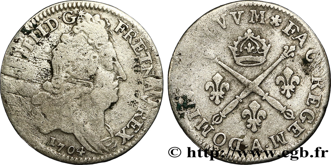 LOUIS XIV  THE SUN KING  10 sols aux insignes 1704 Paris RC+/BC