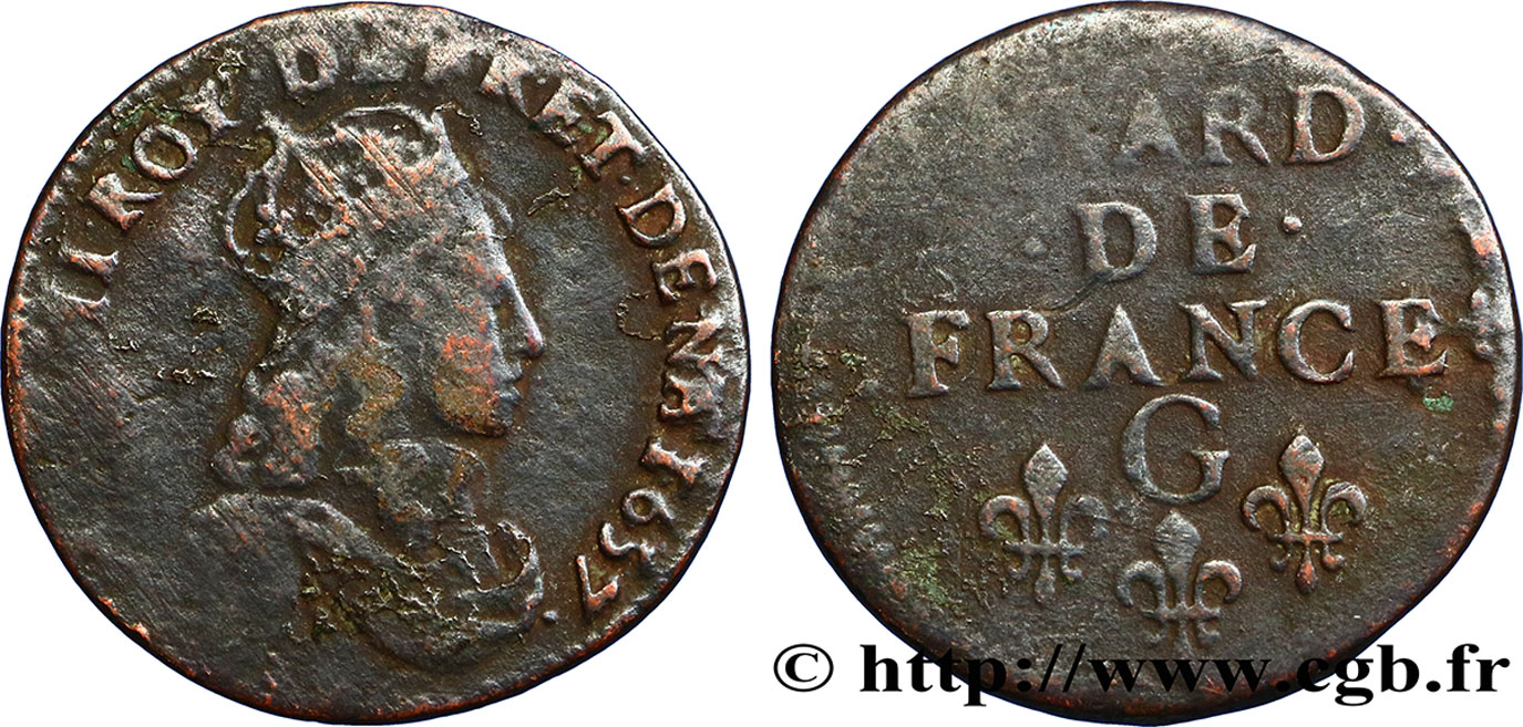 LOUIS XIV LE GRAND OU LE ROI SOLEIL Liard de cuivre, 2e type 1657 Lusignan TB