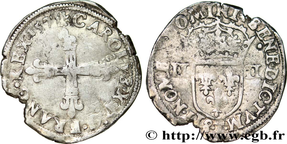 CHARLES X, CARDINAL DE BOURBON Quart d écu, croix de face, légende fautée millésime 157 1597 Nantes TB+