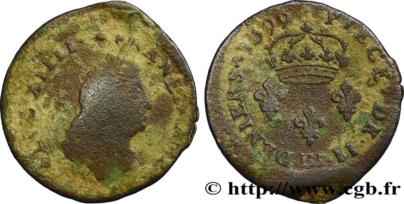LOUIS XIV  THE SUN KING  II deniers 1699 Strasbourg VG/F