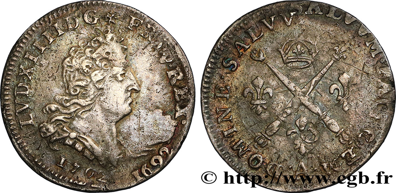 LOUIS XIV LE GRAND OU LE ROI SOLEIL Cinq sols aux insignes 1702 Paris TB+