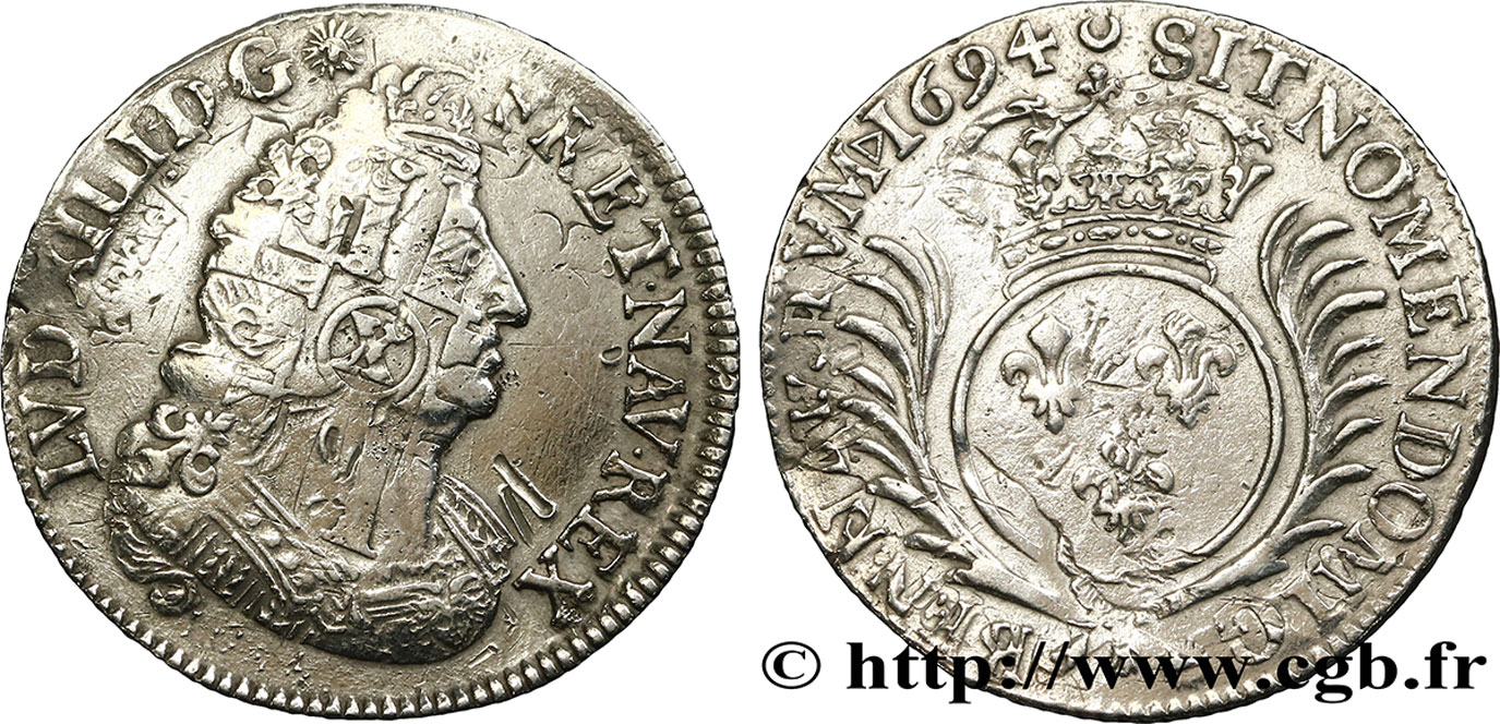 LOUIS XIV LE GRAND OU LE ROI SOLEIL Quart d écu aux palmes 1694 Paris TTB