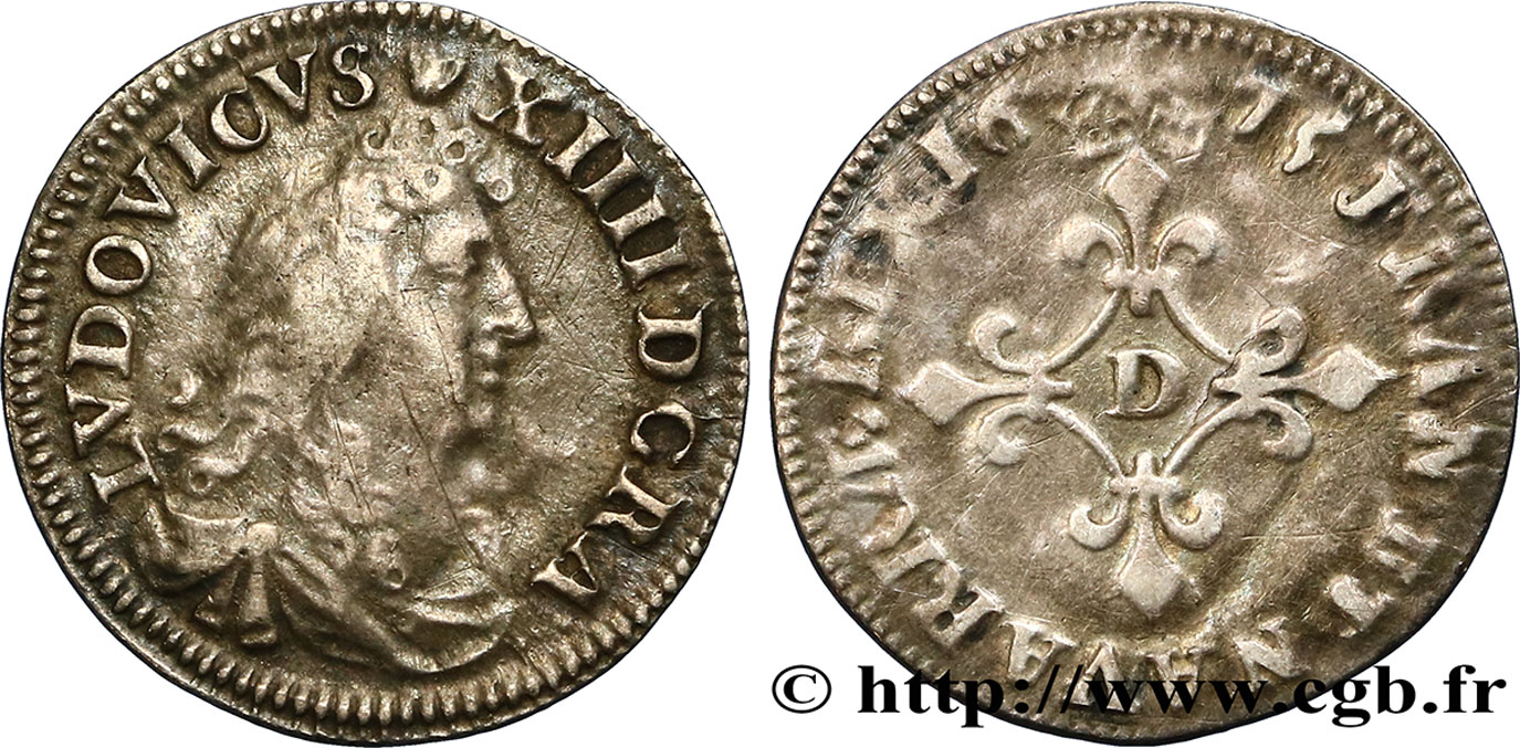 LOUIS XIV LE GRAND OU LE ROI SOLEIL Quatre sols à la croix formée de lis 1675 Vimy-en-Lyonnais (actuellement Neuville-sur-Saône) TB+