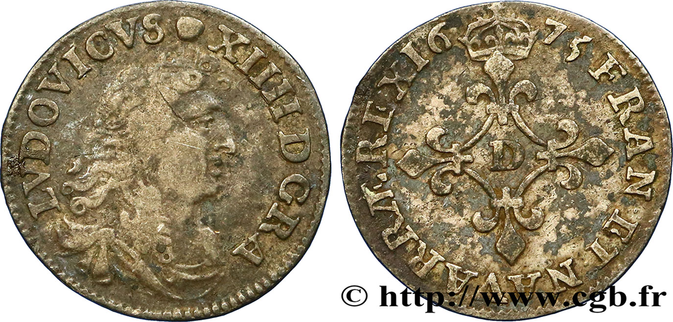 LOUIS XIV LE GRAND OU LE ROI SOLEIL Quatre sols à la croix formée de lis 1675 Vimy-en-Lyonnais (actuellement Neuville-sur-Saône) TB+