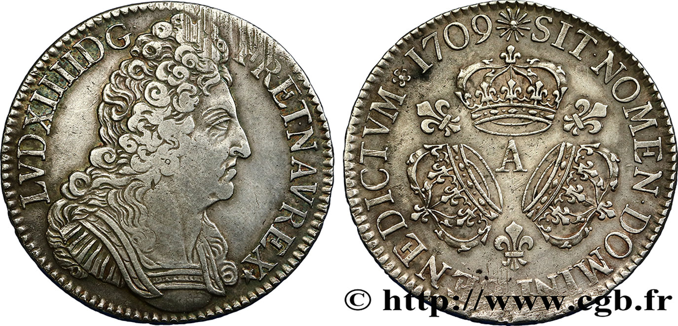 LOUIS XIV LE GRAND OU LE ROI SOLEIL Écu aux trois couronnes 1709 Paris TTB