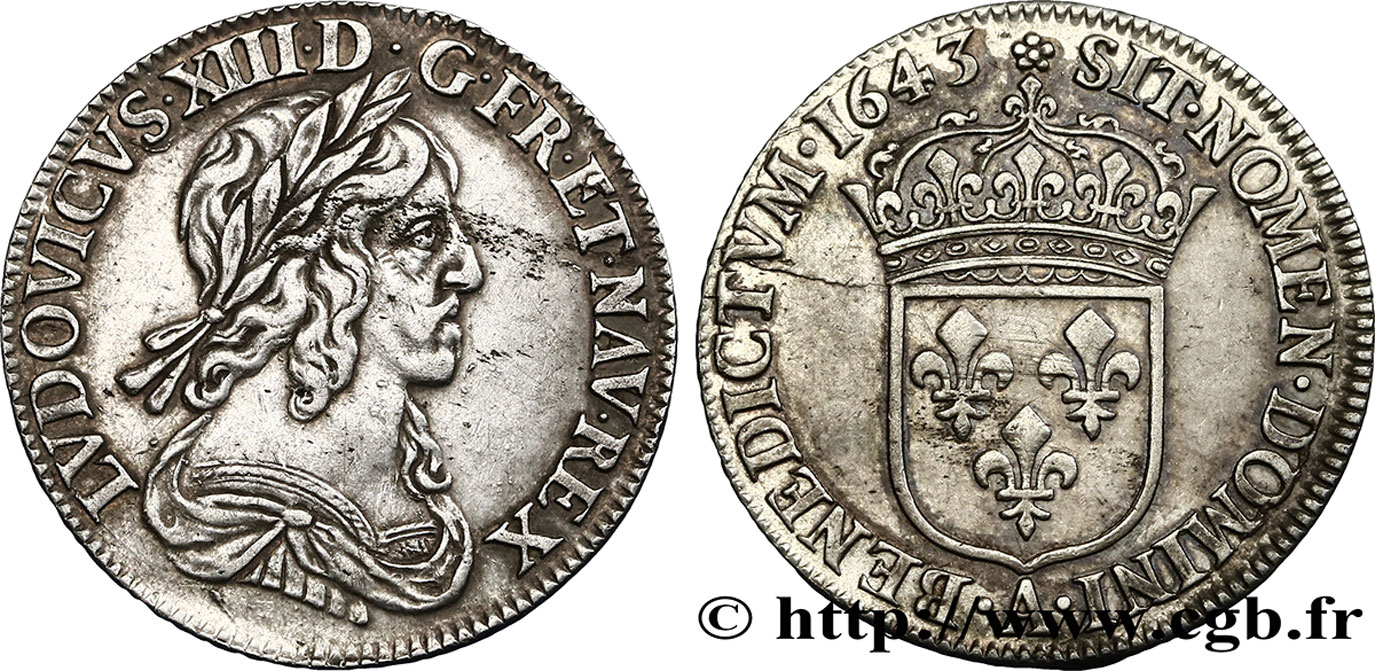 LOUIS XIII  Quart d écu, buste drapé et cuirassé (2e buste de Jean Warin) 1643 Paris, Monnaie de Matignon MBC+/EBC