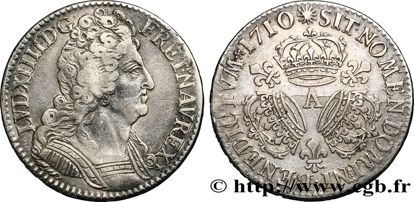 LOUIS XIV LE GRAND OU LE ROI SOLEIL Demi-écu aux trois couronnes 1710 Paris TTB