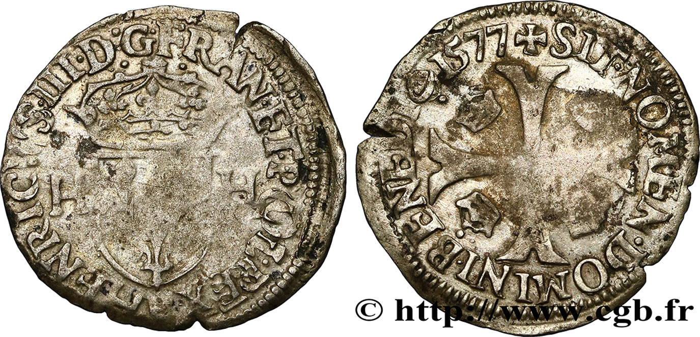 HENRI III Douzain aux deux H, 1er type 1577 Rouen TB+