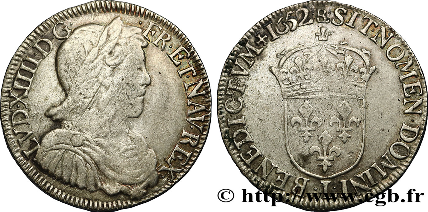 LOUIS XIV LE GRAND OU LE ROI SOLEIL Demi-écu, portrait à la mèche longue 1652 Bayonne TB+