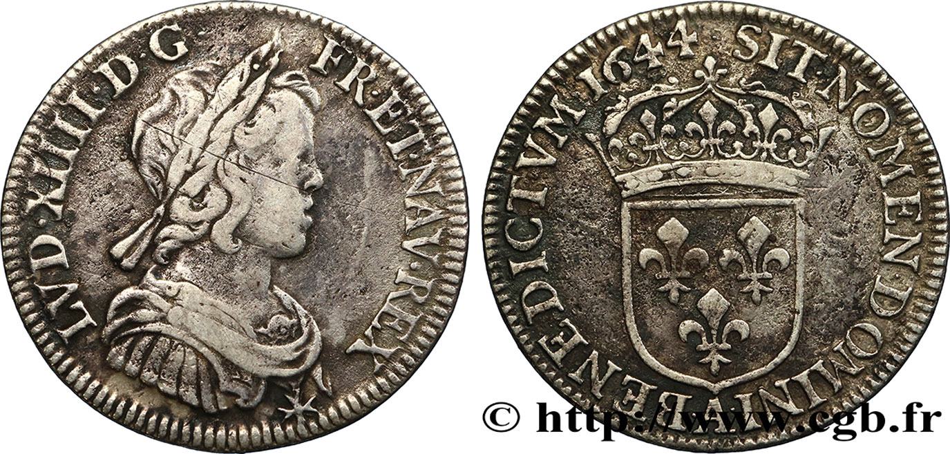 LOUIS XIV LE GRAND OU LE ROI SOLEIL Quart d écu, portrait à la mèche courte 1644 Paris, Monnaie de Matignon TB