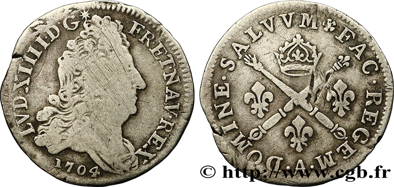 LOUIS XIV LE GRAND OU LE ROI SOLEIL 10 sols aux insignes 1704 Paris B+/TB