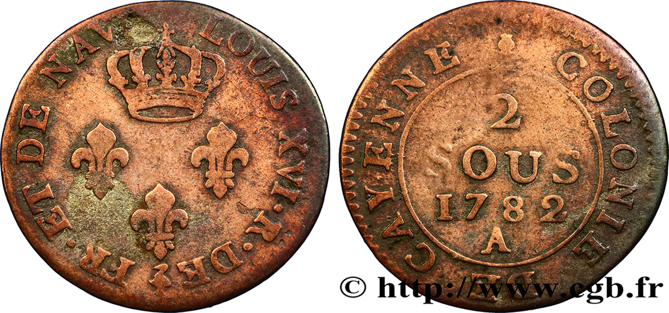 GUYANE FRANÇAISE 2 Sous de Cayenne 1782 Paris TB+