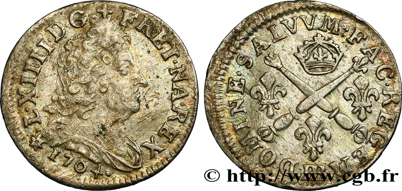 LOUIS XIV LE GRAND OU LE ROI SOLEIL Cinq sols aux insignes 1704 Strasbourg TTB