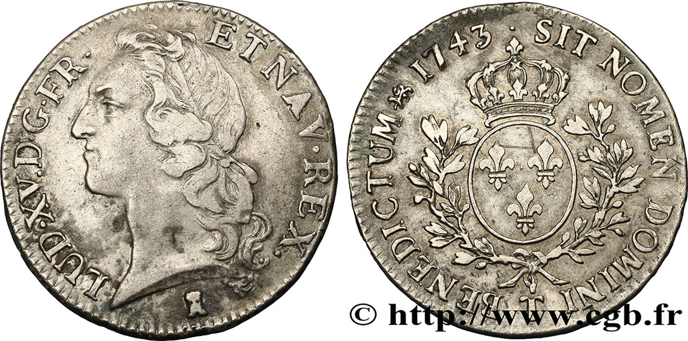 LOUIS XV DIT LE BIEN AIMÉ Écu aux branches d’olivier, tête ceinte d’un bandeau 1743 Nantes TTB/TTB+
