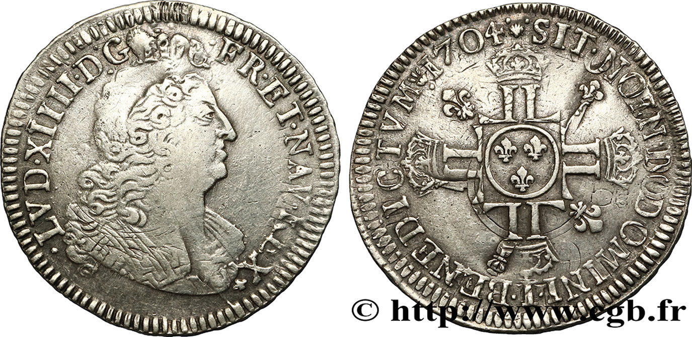 LOUIS XIV LE GRAND OU LE ROI SOLEIL Demi-écu aux huit L, 2e type 1704 Nantes TB+/TTB