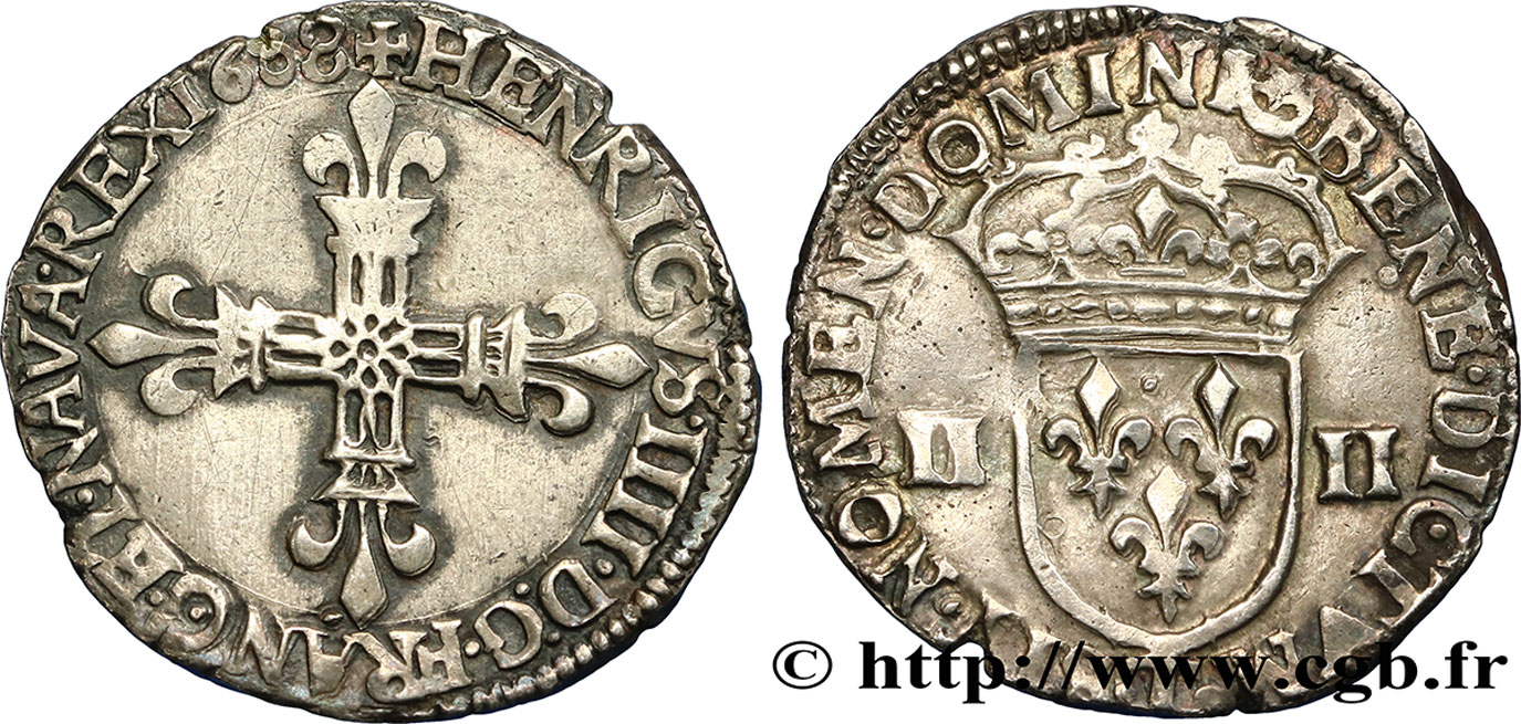 HENRY IV Quart d écu, croix bâtonnée et fleurdelisée de face 1608 Nantes AU