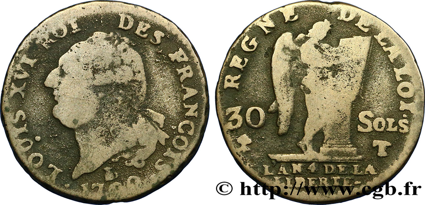 LOUIS XVI (MONARQUE CONSTITUTIONNEL)  30 sols dit  au génie , type FRANÇOIS 1792 Nantes TB