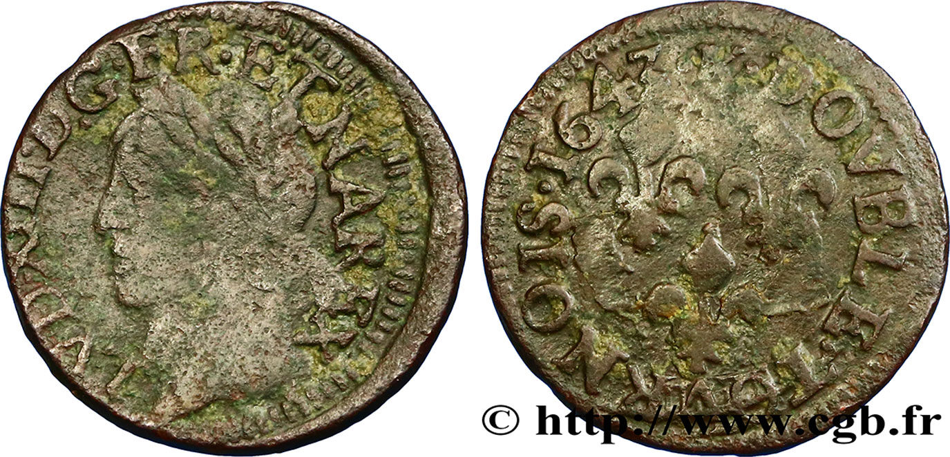 LOUIS XIII LE JUSTE Double tournois, type de Warin 1643 Bordeaux TB