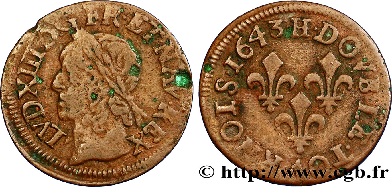 LOUIS XIII LE JUSTE Double tournois, type de Warin 1643 La Rochelle TB+