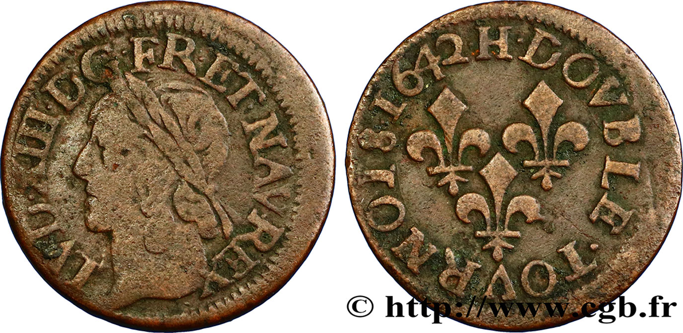 LOUIS XIII Double tournois, type de Warin 1642 La Rochelle VF/VF