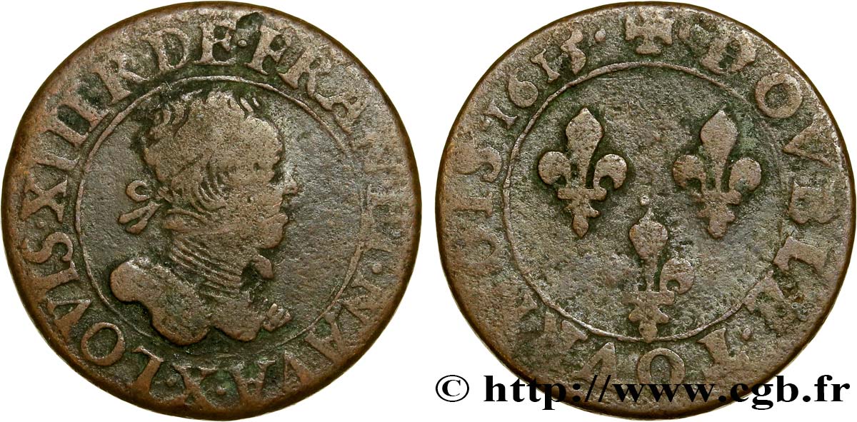 LOUIS XIII LE JUSTE Double tournois, type 2 1615 Amiens TB
