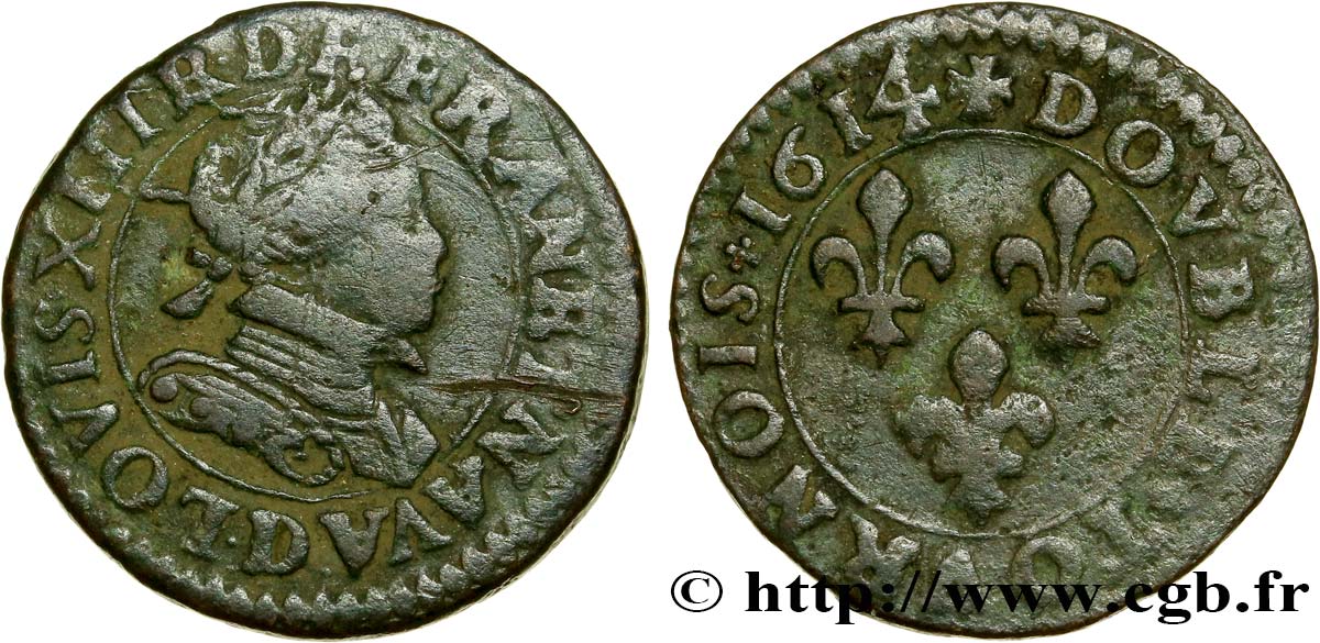 LOUIS XIII LE JUSTE Double tournois, type 3 1614 Lyon TB+