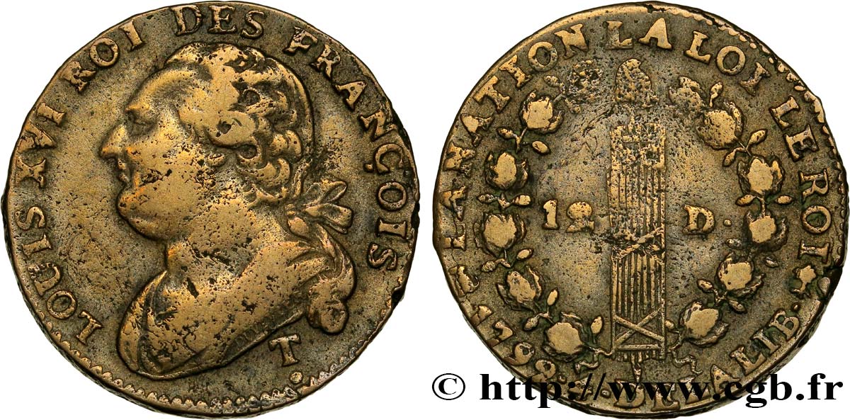 LOUIS XVI (MONARQUE CONSTITUTIONNEL)  12 deniers dit &nbsp;au faisceau&nbsp;, type FRANÇOIS 1792 Saumur TB+