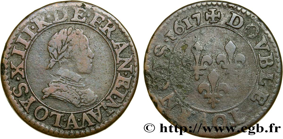 LOUIS XIII LE JUSTE Double tournois, type 1 1617 Paris, Moulin du Louvre TB