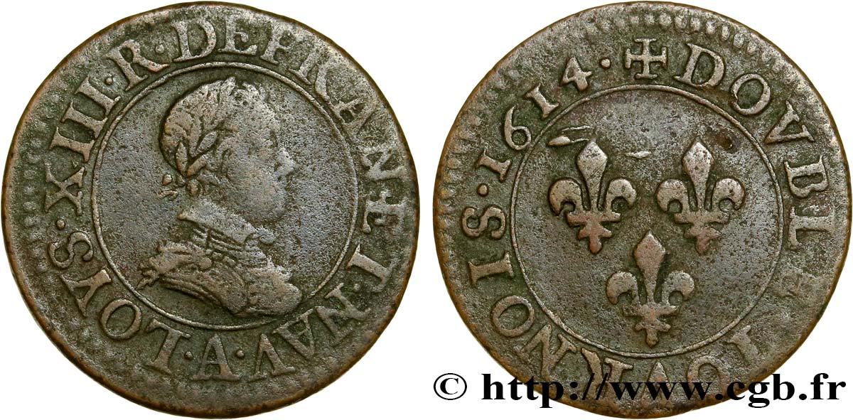 LOUIS XIII LE JUSTE Double tournois, type 1 1614 Paris, Moulin du Louvre TB+