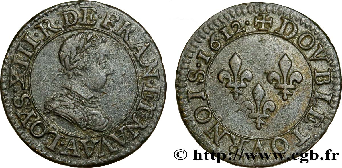 LOUIS XIII LE JUSTE Double tournois, type 1 1612 Paris, Moulin du Louvre TTB+