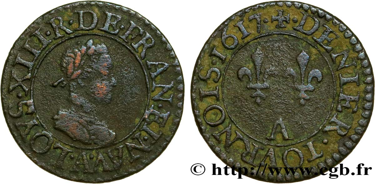 LOUIS XIII LE JUSTE Denier tournois, type 1 1617 Paris TB