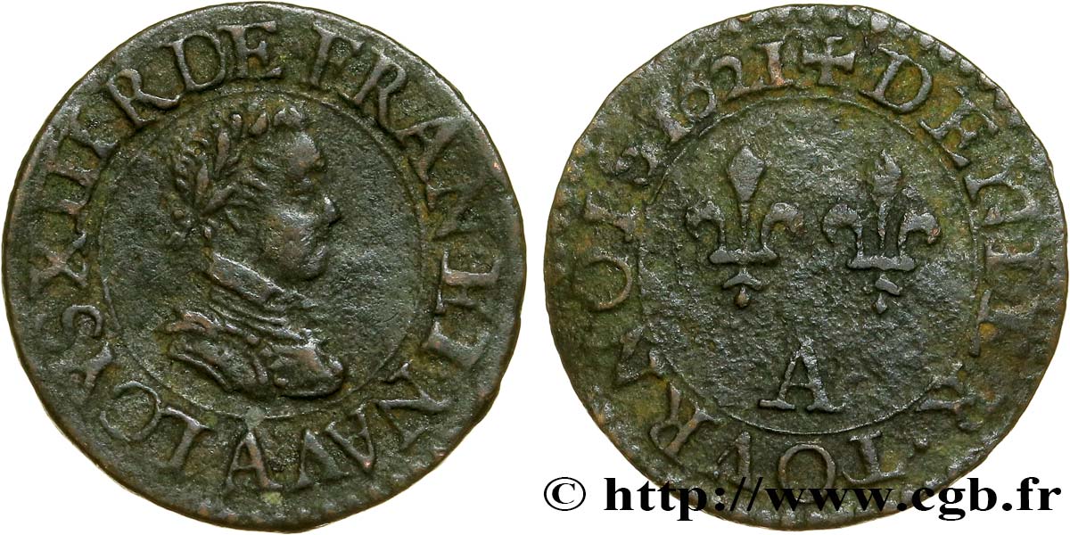 LOUIS XIII LE JUSTE Denier tournois, type 1 1621 Paris TB/B+